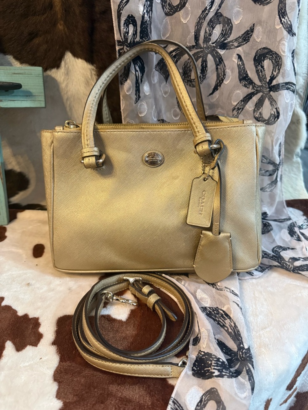 Coach Gold Saffiano Leather Satchel with Detachable Strap